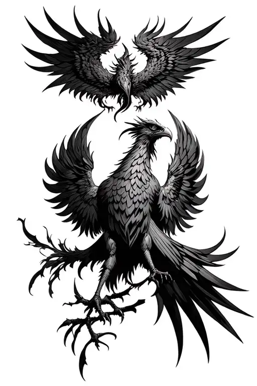 A gothic phoenix bird spreading its wings, and seen from the front. tattoo design idea