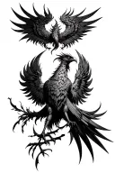 A gothic phoenix bird spreading its wings, and seen from the front. tattoo design idea