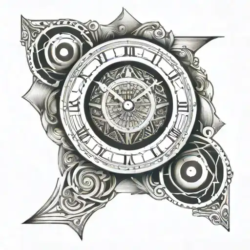 A clock with Greek numbers and an infinity symbol inside tattoo design idea