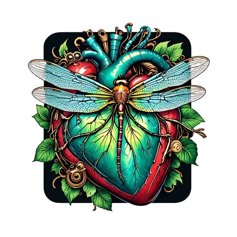 steampunk style human heart with a dragonfly landed on it, the dragonfly should have mostly shades of green tattoo design idea