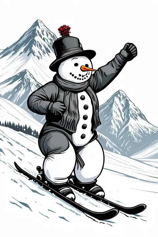 mountains and skiing snowman enjoying tattoo design idea