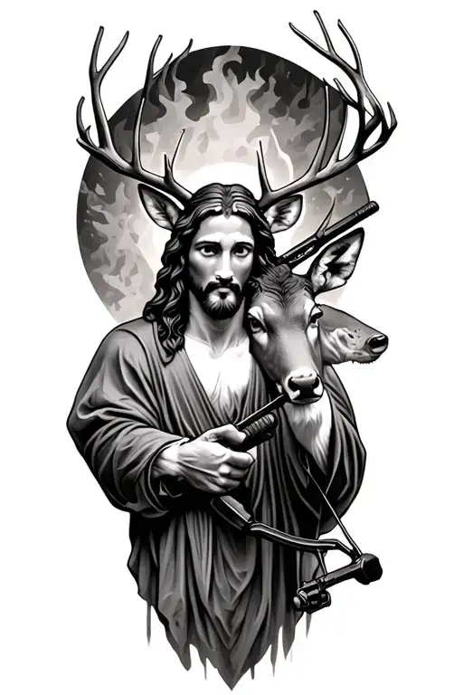 Jesus compound bow hunting a deer tattoo design idea