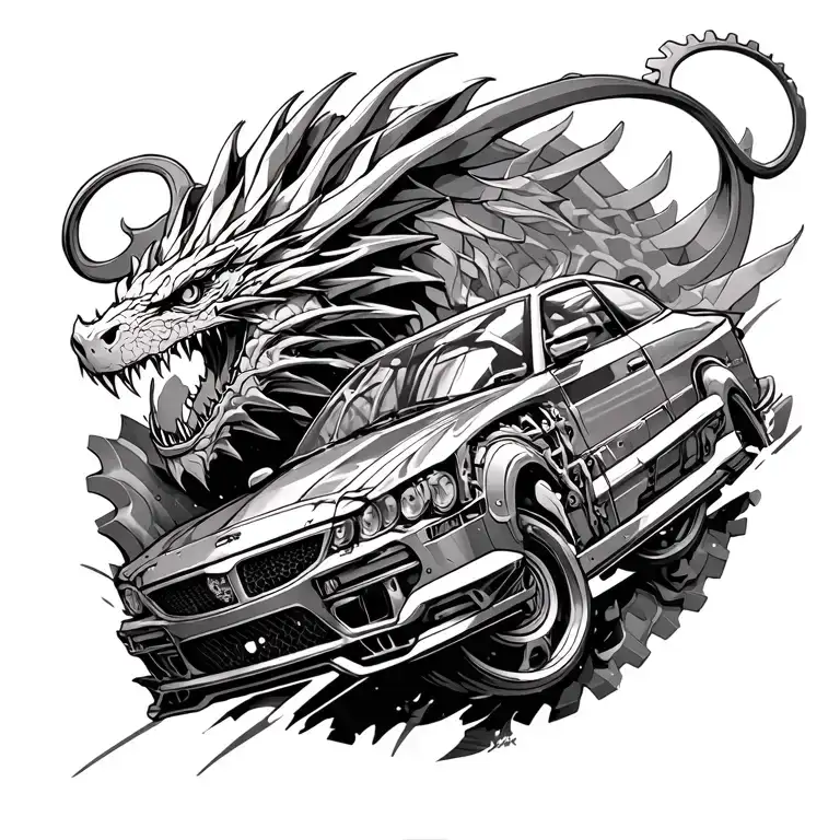   mechanical engineering gears and cars and dragons and anime reference tattoo design idea