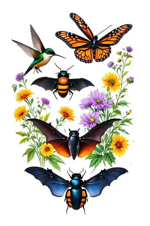 bumblebee, moth, monarch butterfly, brown bat, black beetle, & hummingbird with wildflowers in background tattoo design idea