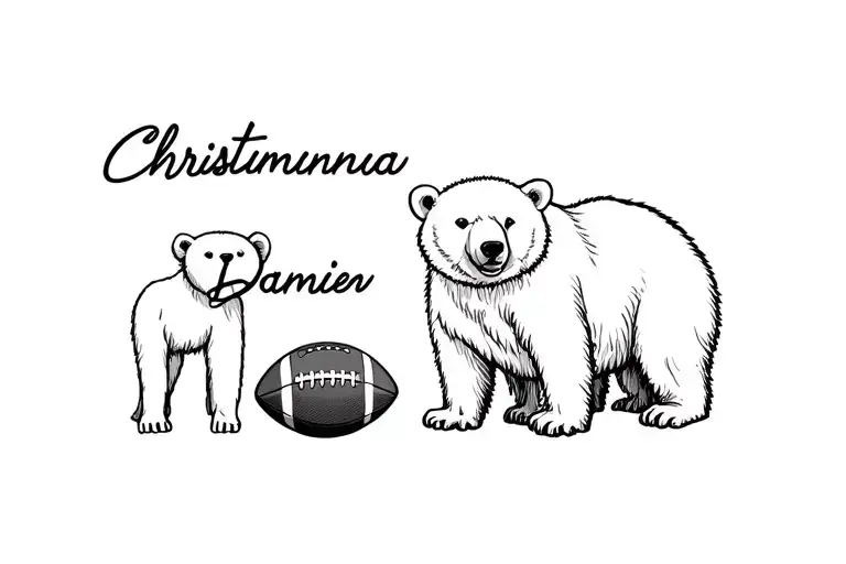 Mom and brothers name written (Christina  Damien)  with a tiny polar bear next to Christina and a football next to damie tattoo design idea