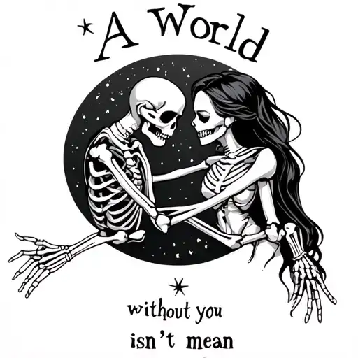 "A world without you isn't mean" a couple dancing skeleton hand reaching tattoo design idea