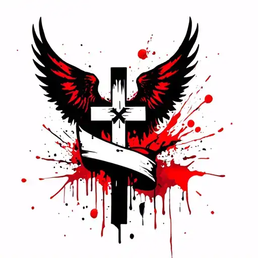 cross with wings spread with banner wrapped tattoo design idea
