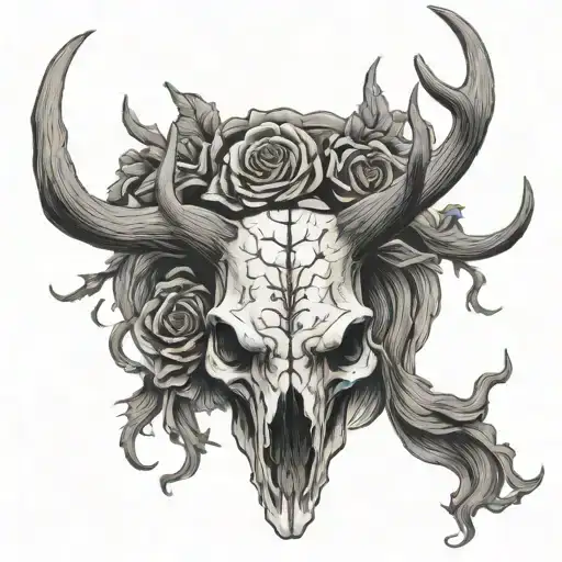 reindeer skull shedding horns evil front view large horns tattoo design idea
