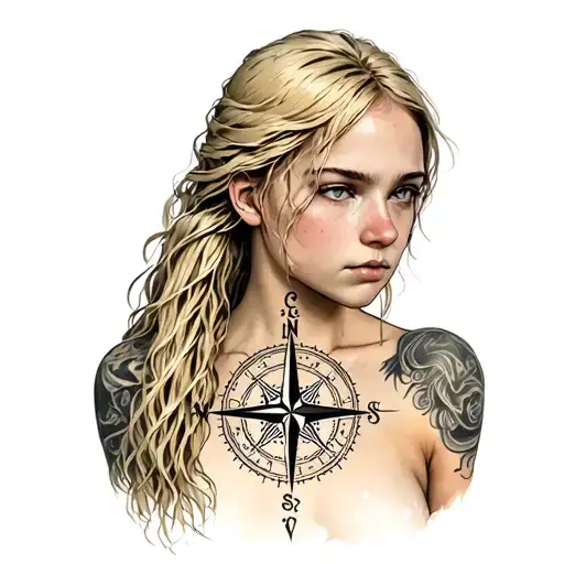 Tianna with a Nordic compass tattoo on her chest, symbolizing her role as the family's warrior. blonde hair, facing out tattoo design idea