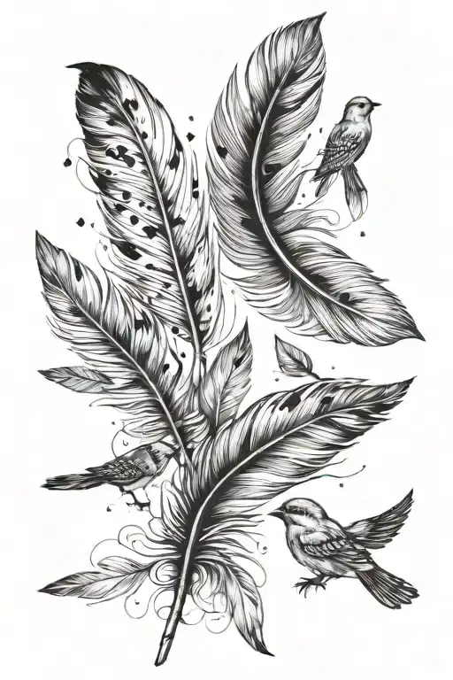 One medium size feather and one small feather with four tiny birds  tattoo design idea