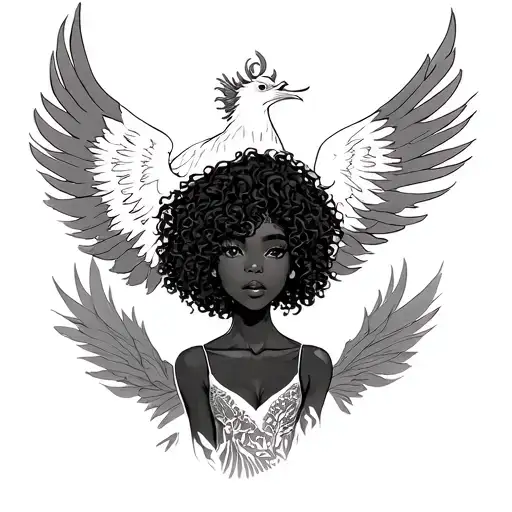 black girl with curly hair phoenix rising behind her tattoo design idea