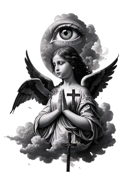 make a realistic sleeve on the forearm with 3 crosses angels praying and a big eye with clouds. tattoo design idea