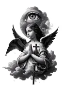 make a realistic sleeve on the forearm with 3 crosses angels praying and a big eye with clouds. tattoo design idea