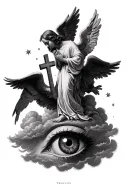 make a realistic sleeve on the forearm with 3 crosses angels praying and a big eye with clouds. tattoo design idea