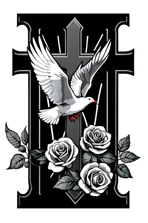 "M" cross, roses, dove flying tattoo design idea