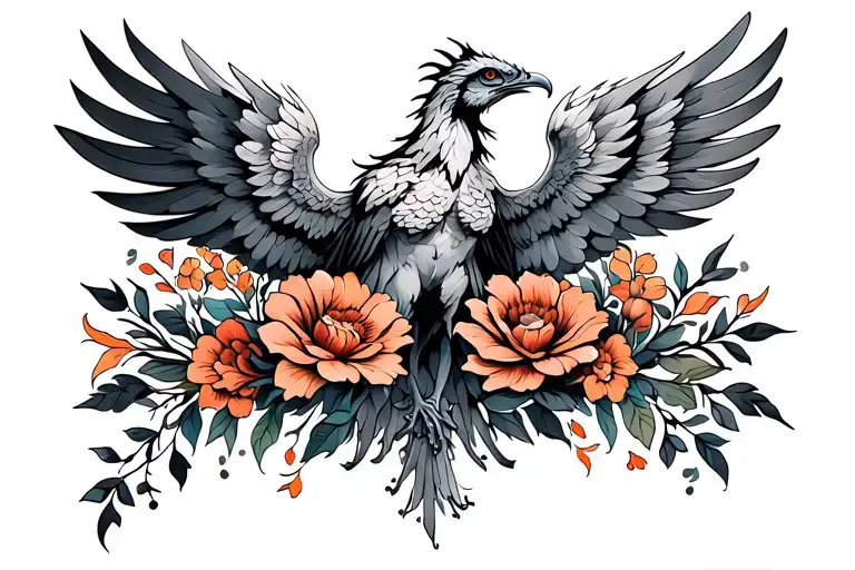 phoenix with outstretched wings and flowers tattoo design idea