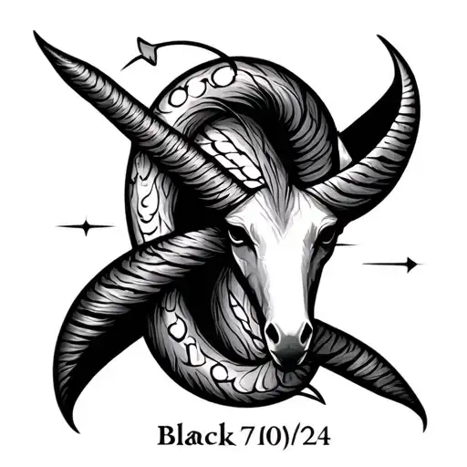 capricorn zodiac sign mixed with libra zodiac sign with date 7/10/24 black and white on the forarm tattoo design idea