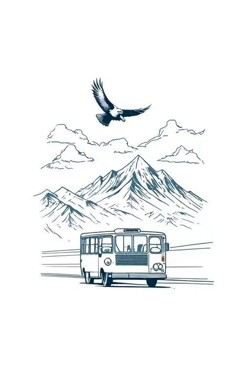 bus driving through the city with mountains in the background  a bald eagle landing on the bus  tattoo design idea