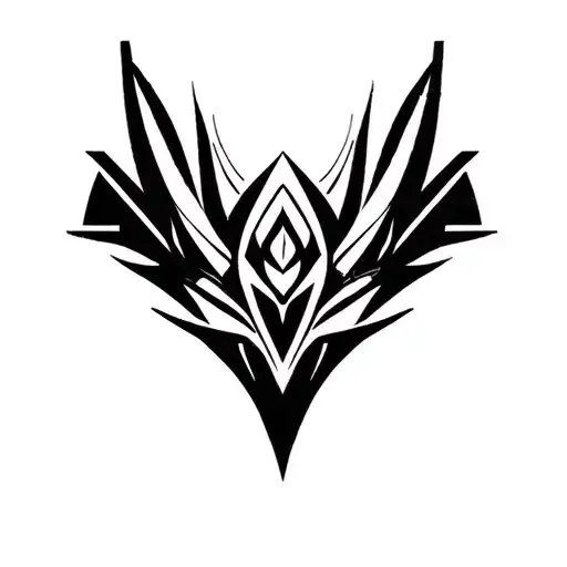Black and white abstract tribal logo, sharp symmetrical lines, minimalistic, no text, 2D vector style, modern gothic tat tattoo design idea