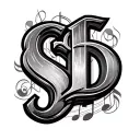 Create a hyper realistic tattoo for a man's shoulder that contains the letters S and D, also a music reference and Irish tattoo design idea