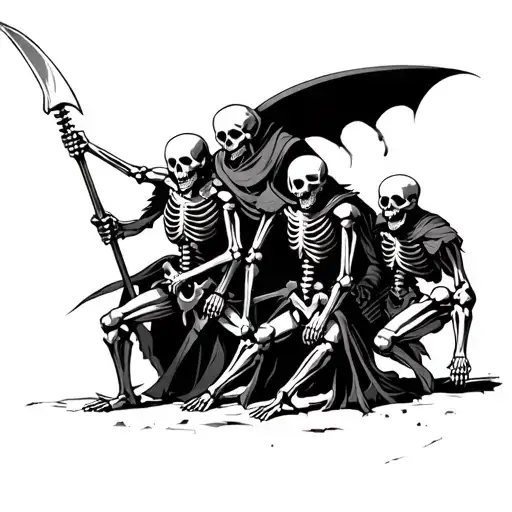 skeleton warriors from different time periods fighting tattoo design idea