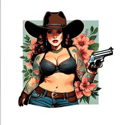 big boob woman with slim waist and big thighs wearing cowboy hat with pistol in her hand. add floral design tattoo design idea