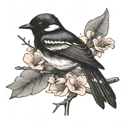 Willy wagtail bird taking flight from a Sakura tree. Cosmic magic line pattern surrounding it. Back tattoo tattoo design idea