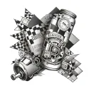 Create a patchwork sleeve featuring elements representing different milestones in the client's son's life, like a baby bottle, toy car, and school book tattoo design idea