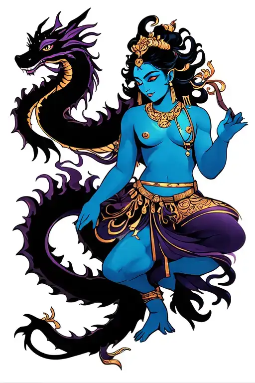 Side-leg tattoo: blue-skinned genie with black hair and gold jewelry holding a black-and-purple pseudodragon, smoky tail tattoo design idea