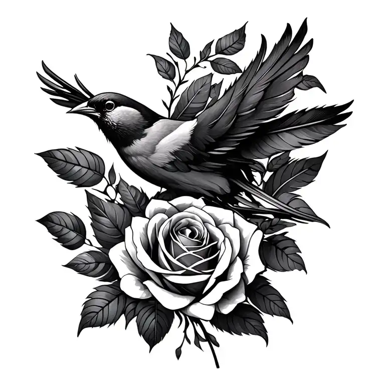 bird, feathers roses intertwined tattoo design idea