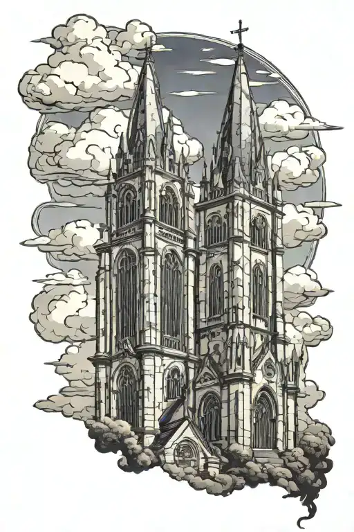 gothic church towers with background filler clouds landscape tattoo design idea
