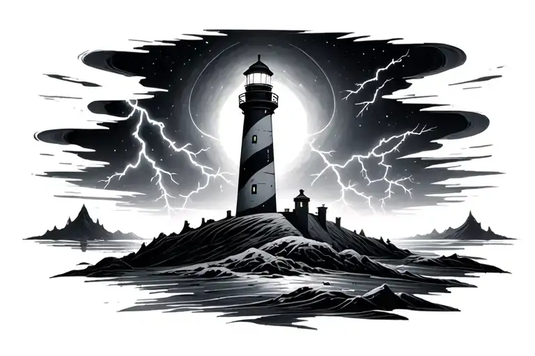 lighthouse, black hole, planet, lightning, storm tattoo design idea