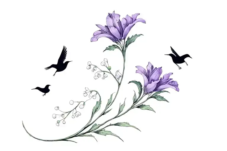 delicate flowing flowers (lavender or lily of the valley), slender curved stem, and three small flying birds tattoo design idea