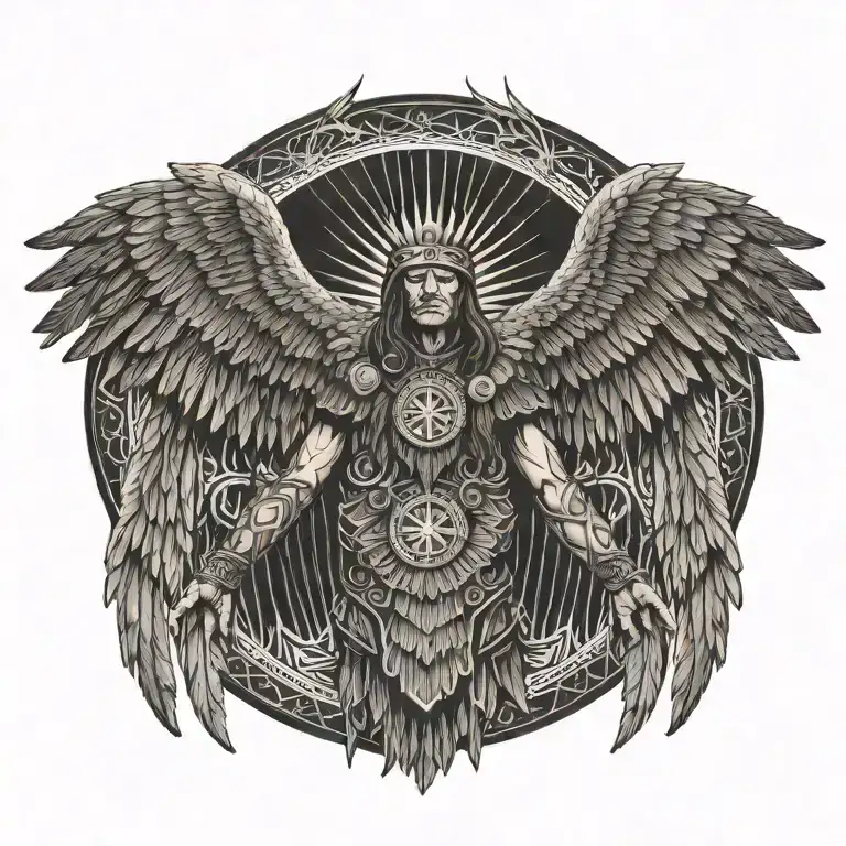 A Plains Native warrior with his arms outstretched with his arm morphing into eagle wings tattoo design idea