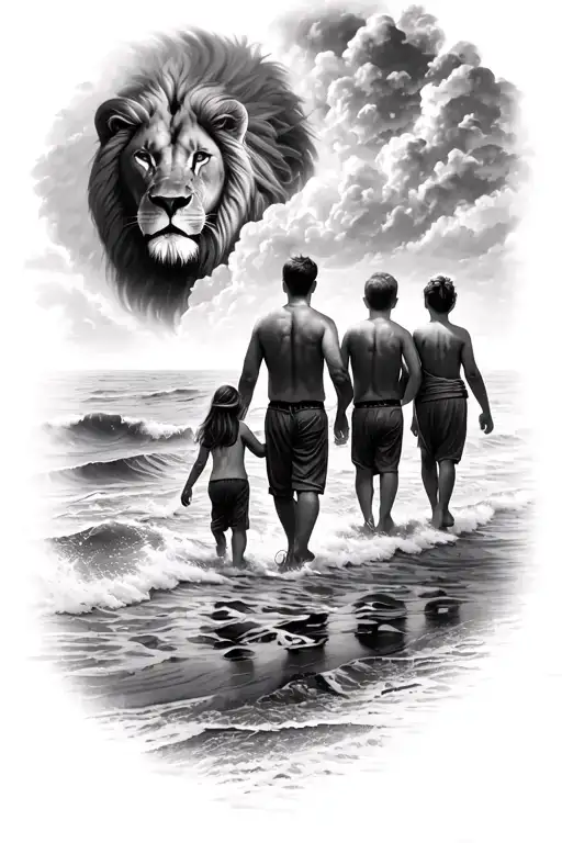Walking by the sea, father in the center, with his eldest son and his youngest daughter, in the sky a lion's face watching over them tattoo design idea