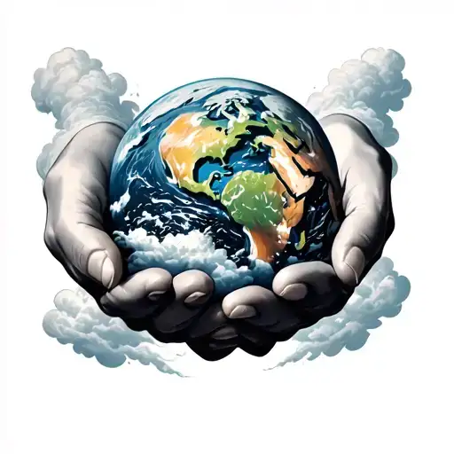 Hands holding the earth with clouds underneath the hands tattoo design idea