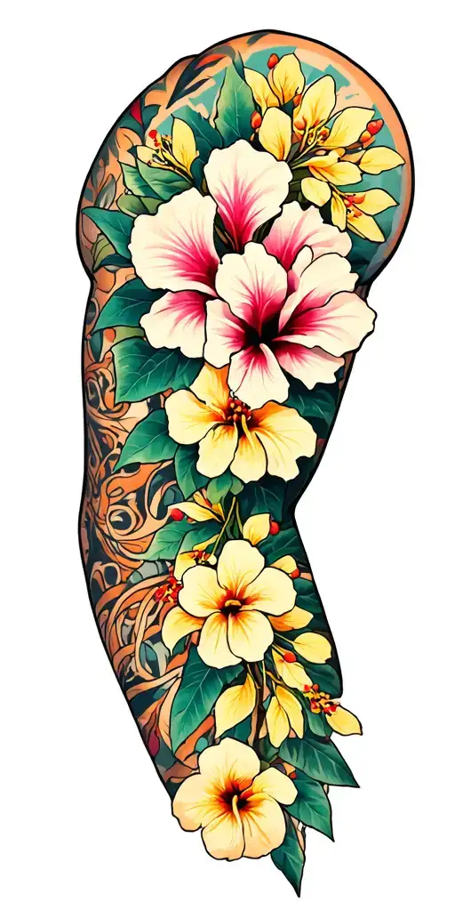 masculine arm sleeve with cherry blossoms, golden wattles, hibiscus syriacus, bougainvillea, sampaguita, and tigers claw tattoo design idea
