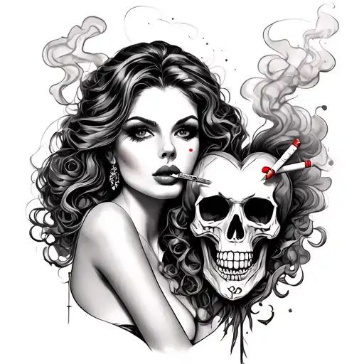 heart skull cigarette and sexy lady in smoke coming tattoo design idea