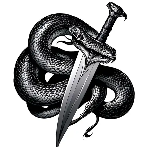broke upside down sword wrapped with a snake tattoo design idea