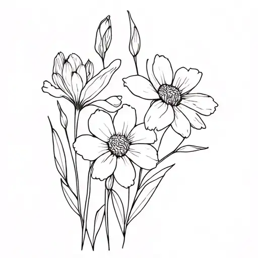 line drawing of jonquil, cosmos and iris flower tattoo design idea