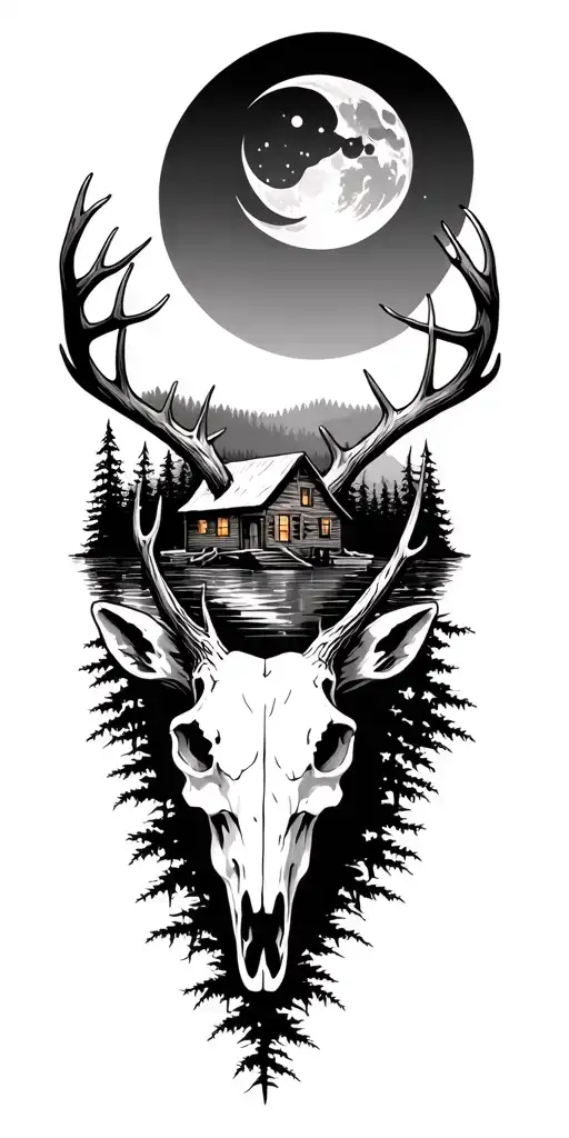 deer skull with moon over a cabin on a lake surrounded by dense forest tattoo design idea