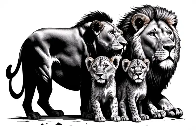 lion protecting lioness and 2 cubs surrounded tattoo design idea