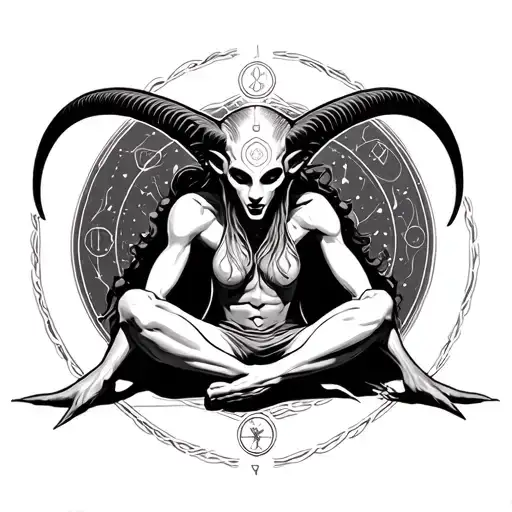 Baphomet sitting cross legged chakra symbols integrated tattoo design idea