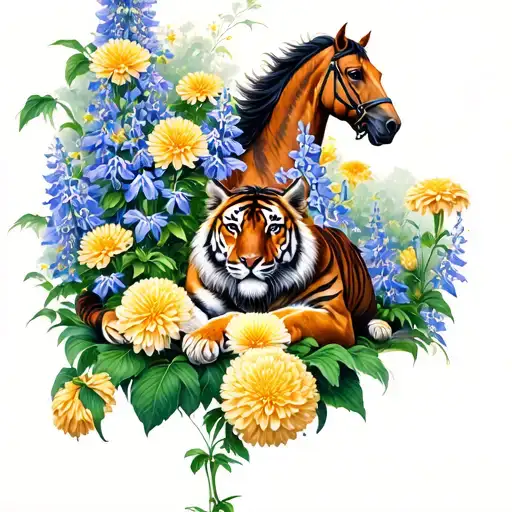 Garden of chrysanthemums and larkspur with tiger lying in center and horse jumping behind tattoo design idea