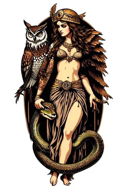 goddess athena with owl and snake tattoo design idea