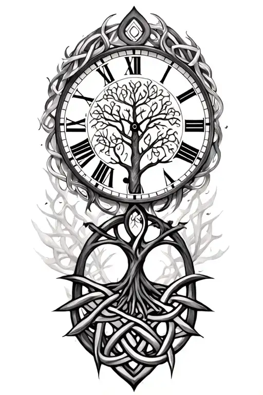 celtic tree of life clock surrounded by celtic knot tattoo design idea