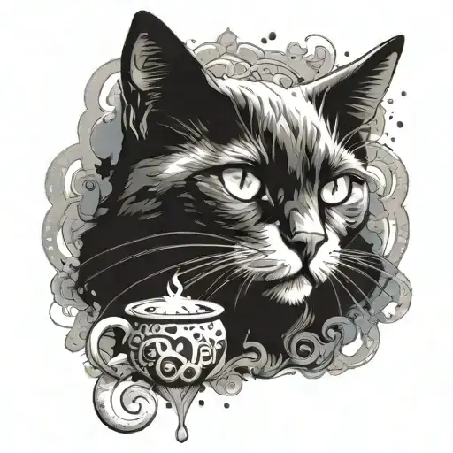 a black cat, which is very white with a third eye, which appears from the smoke of a large witch's cauldron tattoo design idea
