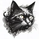 a black cat, which is very white with a third eye, which appears from the smoke of a large witch's cauldron tattoo design idea