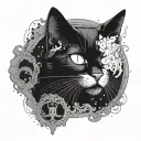 a black cat, which is very white with a third eye, which appears from the smoke of a large witch's cauldron tattoo design idea