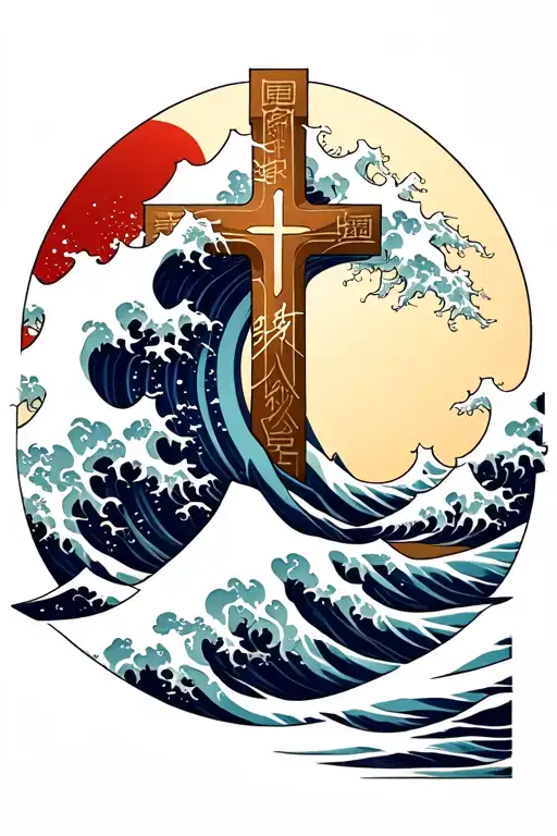 christian cross the great japanese wave forming the shape tattoo design idea